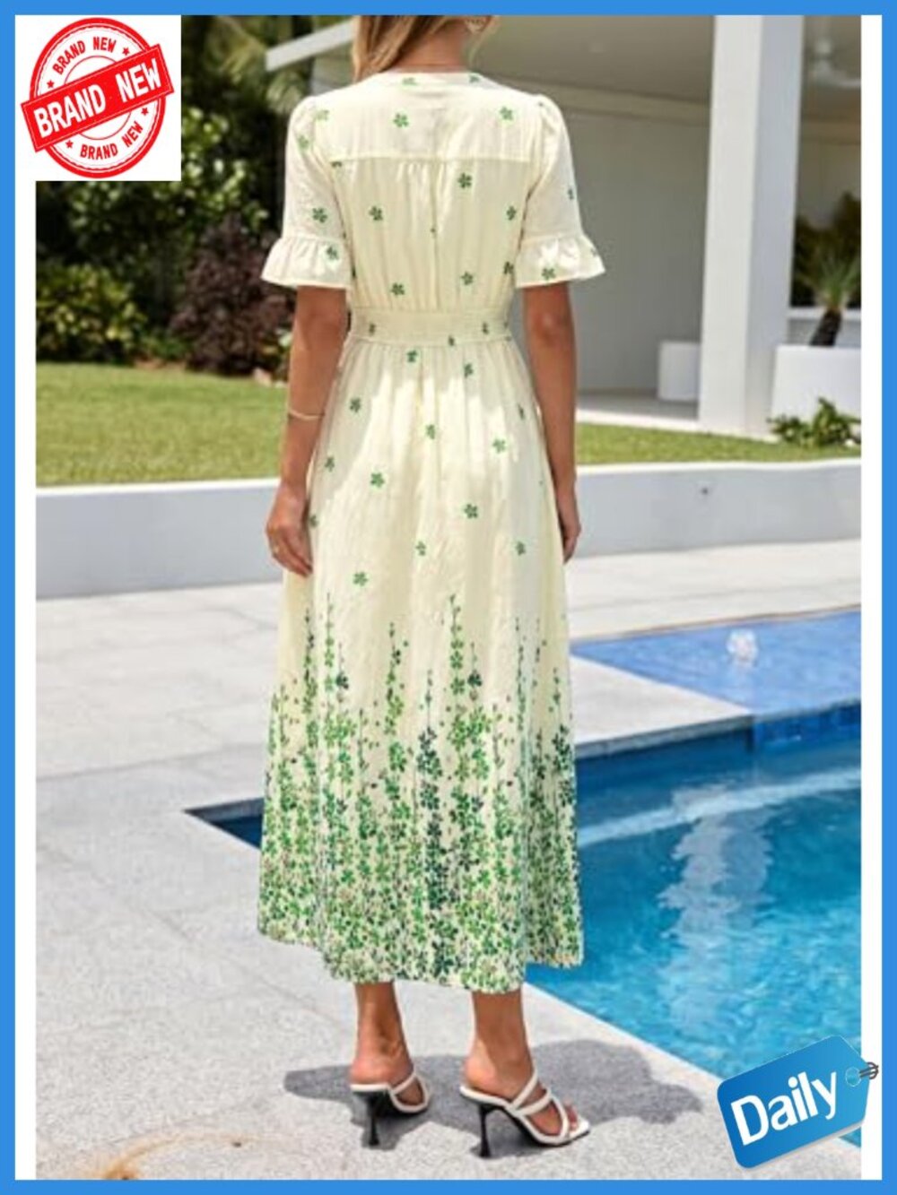 Boho Floral Maxi Dress Short Sleeve Tie V-Neck with Pockets - Picture 3 of 6